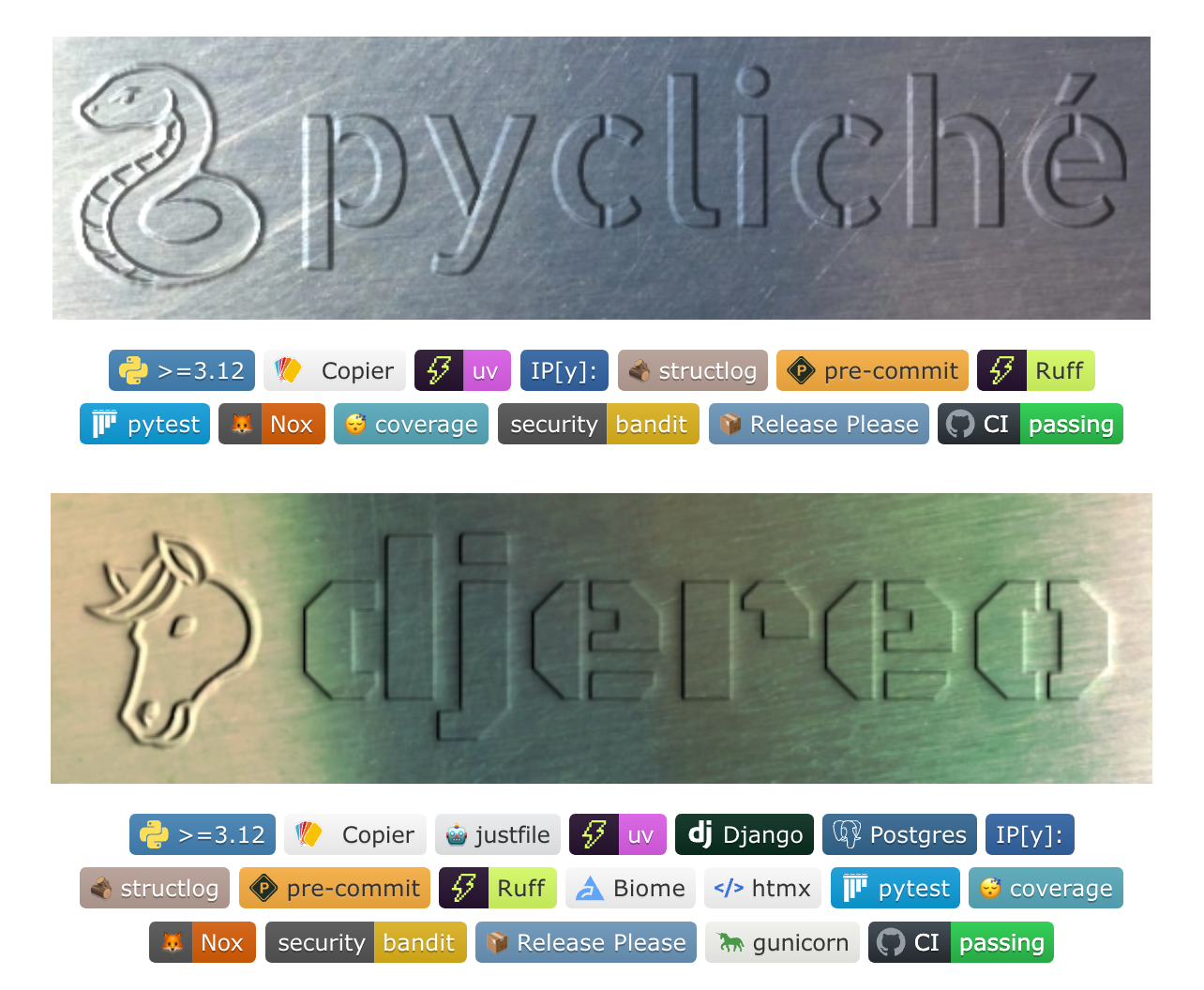 logos de los proyectos pycliché y djereo, con insignias mostrando las tecnologías empleadas por cada uno.